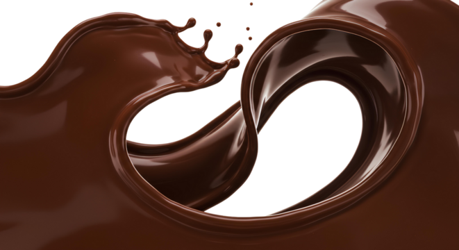 Splash de chocolate líquido formando um coração em fundo transparente, conceito de amor, doçura e indulgência em alta definição.