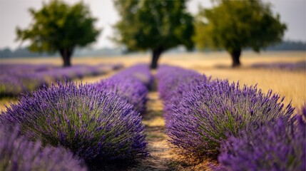 Obraz premium Rolling lavender fields in Provence with golden tree and scenic mountain sunset view