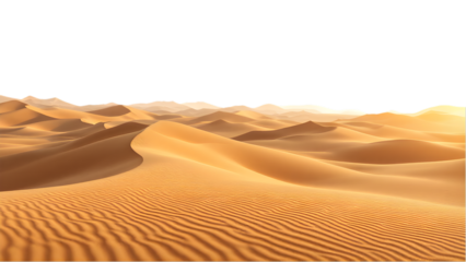 A panoramic view of rolling sand dunes in a vast desert landscape under a dark sky background isolated white background
