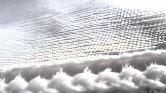 Close-up of textured white chenille style fabric with intricate weaving details and soft, fluffy pile adding visual interest