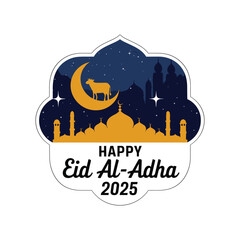 Eid al-Adha 2025 Badge Design with Mosque, Crescent Moon, and Cow