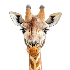 Fototapeta premium A close-up portrait of a curious giraffe, looking directly at the camera with a gentle, endearing expression. its intricate pattern of spots and long neck are captivating.