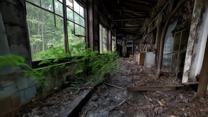 Eerie, decaying hallway with overgrown ferns, showcasing broken windows, rubble-strewn floor, and dilapidated wooden walls inside abandoned structure. - Powered by Adobe