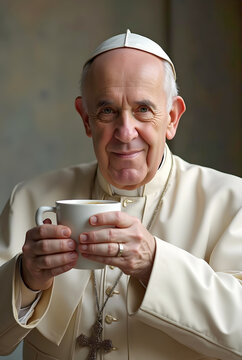 A man appearing to be a religious figure, possibly Catholic, in white clerical attire and a zucchetto, thoughtfully holds a cup of coffee