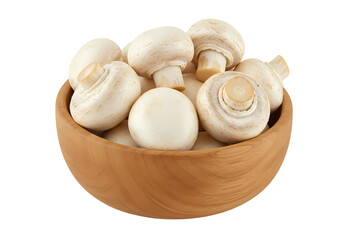 Fresh White Button Mushrooms in a Wooden Bowl isolated on transparent background