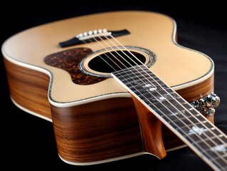 Obraz premium Acoustic guitar gleams in studio spotlight