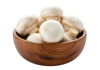 Fresh White Mushrooms in Wooden Bowl isolated on transparent background