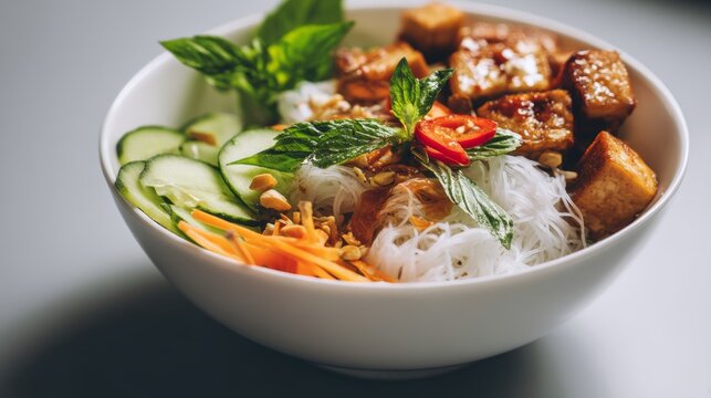 Fresh Vietnamese Vermicelli Tofu Bowl with Crisp Vegetables and Herbs in White Ceramic Dish