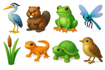Naklejka premium 3d wetland wildlife icons set – heron, beaver, frog, dragonfly, cattail, salamander, turtle, bird. 3D icon set