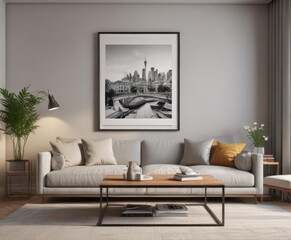 Modern line art picture frame on wall, coffee table with books below , living room,  interior,  drawing