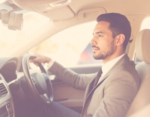  Focused Driving: A man intently steers a modern car, engrossed in the task of navigating the road, capturing the essence of focused driving and journey