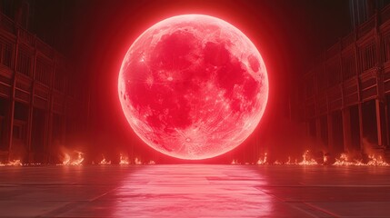Eerie Blood Moon Illuminates Burning Landscape, Dark Background