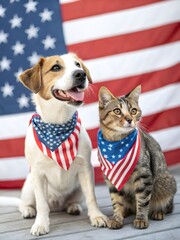 Patriotic Dog and Cat Wearing American Flag Bandanas Sitting Together