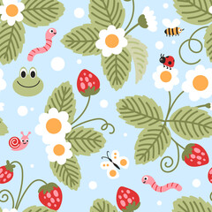 Kids seamless pattern with strawberries