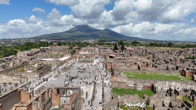 aerial view of Historic streets of Ancient  roman city of Pompeii Italy on the shadow of Mt Vesuvius