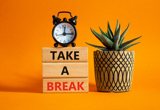 Take a break symbol. Concept words Take a break on wooden blocks. Beautiful orange background with succulent plant and alarm clock. Business and Take a break concept. Copy space. - Powered by Adobe