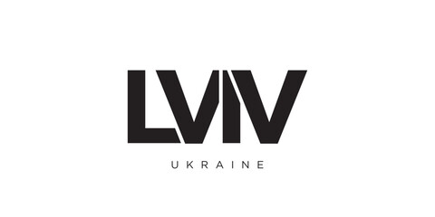 Lviv in the Ukraine emblem. The design features a geometric style, vector illustration with bold typography in a modern font. The graphic slogan lettering.