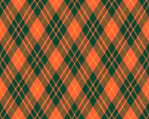 Vibrant diagonal plaid pattern in autumnal orange, green, and brown hues. Perfect for fallthemed designs, textiles, or website backgrounds.  Evokes warmth, tradition, and a touch of rustic charm.