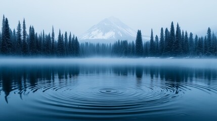 Fototapeta premium Misty Morning Lake with Circular Water Ripples and Forested Mountain Background — Tranquil Nature Scene for Wellness, Travel, and Environmental Concepts