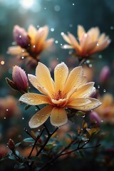A yellow flower with water droplets on it's petals