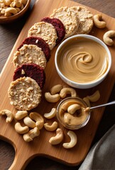 Fototapeta premium Delightful Snack Arrangement Featuring Nut Butter, Crunchy Cashews, and Delicious Cookies on a Wooden Serving Board for Healthy Enjoyment