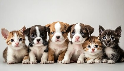 A group of cute puppies and cats, sitting together on a white background,