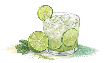 a watercolor illustration of a caipirinha cocktail with lime and sugar isolated on white background.