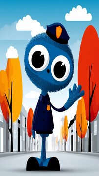 Friendly blue fuzzball police officer waves on a street