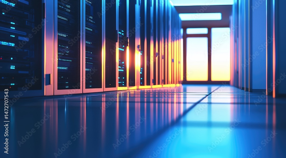 Fototapete Sunset light reflecting off rows of data servers in a modern data center corridor, great for visualizing smart infrastructure, IT environments, and digital innovation themes