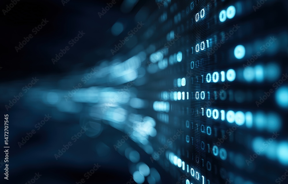 Poster Digital binary code stream in glowing blue against a dark background, representing data transfer, cloud technology, and futuristic computing environments in IT visuals