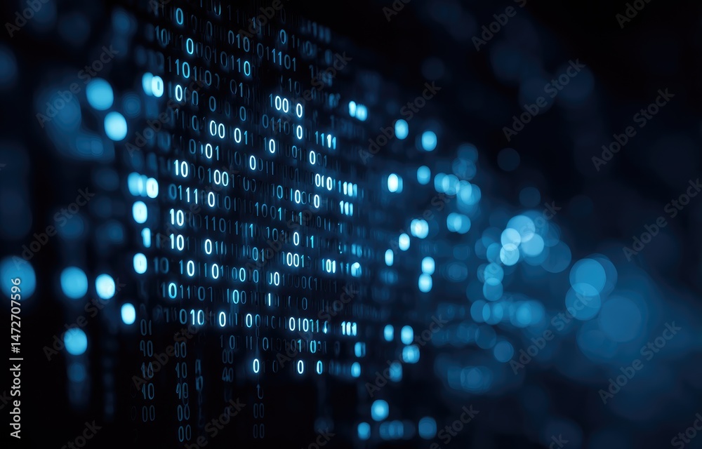Aufkleber Abstract digital binary stream in deep blue lighting with glow effects, perfect for illustrating data networks, cybersecurity, and information technology in futuristic contexts