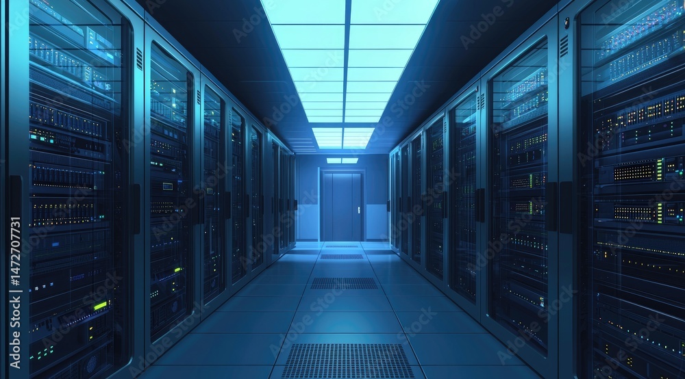Aufkleber Symmetrical view of a data center hallway lined with illuminated servers on both sides, suitable for illustrating digital operations, hosting services, and network reliability