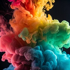 Colorful abstract smoke clouds resembling a rainbow with gradient color palette on black background