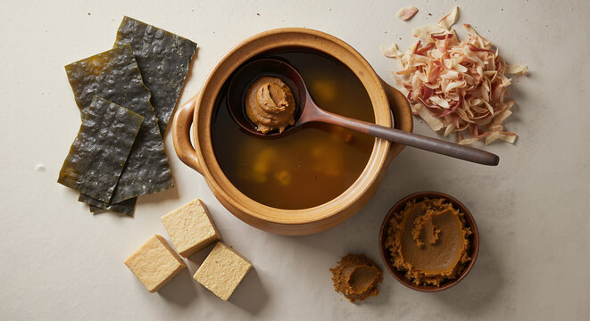 Miso soup ingredients with seaweed bonito miso and dashi