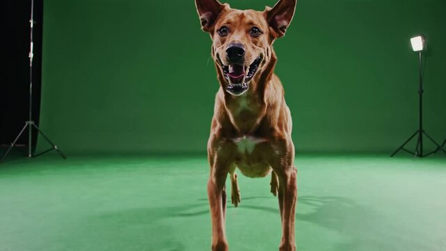 Energetic brown dog running and wagging tail with joyful expression against green screen background, showcasing playful animal behavior