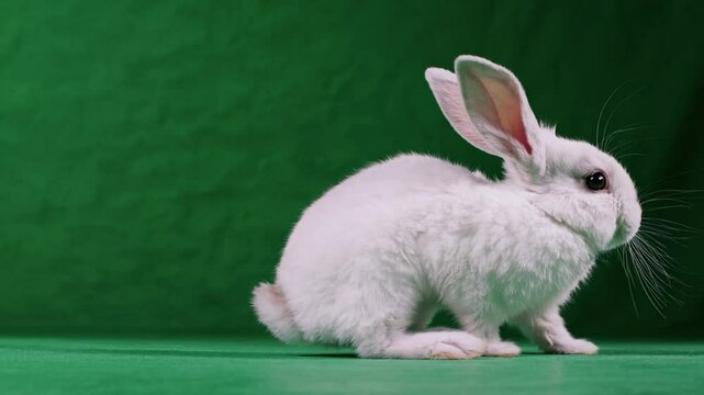 White rabbit hopping energetically on a vibrant green screen background, perfect for creative projects