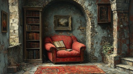 Rustic reading nook with antique furnishings.