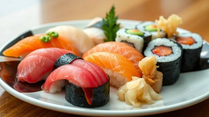 A small plate with assorted sushi pieces, including nigiri and maki, neatly arranged and garnished with wasabi and pickled ginger, shot in natural light, no white background.