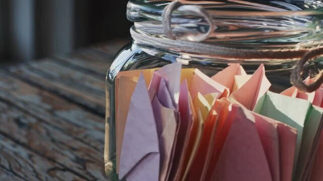 Pastel colored folded wish notes preserved in a glass jar tied with twine, resting on a rustic wooden table