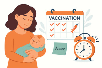 Caring mother holds sleeping newborn, planning infant's health with vaccination schedule calendar, doctor reminder note, and alarm clock. Concept of immunization and pediatric care vector.