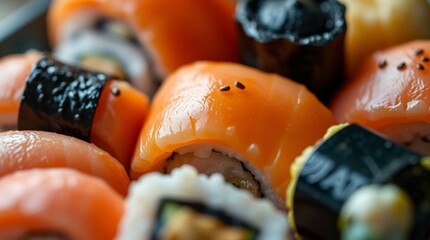 A small plate with assorted sushi pieces, including nigiri and maki, neatly arranged and garnished with wasabi and pickled ginger, shot in natural light, no white background.