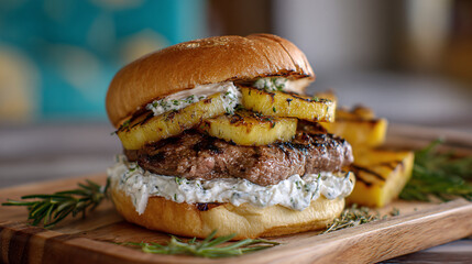 Juicy Beef Burger with Grilled Pineapple Slices and Herbed Cream Sauce on Wooden Board