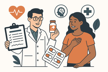 Friendly male pharmacist giving prescription medication guidance and holistic health advice to a female patient, flat vector illustration concept with medical and wellness icons.