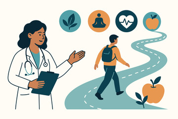 Wellness Path Guidance: Female doctor advises male patient on a holistic health journey, featuring icons for yoga, healthy eating, heart monitoring, and natural remedies. Flat vector design.