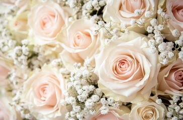 Obraz premium Elegant arrangement of soft pink roses surrounded by delicate white fillers, perfect for weddings, romantic events, and floral decoration inspiration