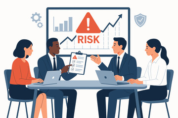 Diverse corporate team evaluates financial risks using charts and checklist during strategic planning meeting, focusing on assessment, management, and investment protection vector.