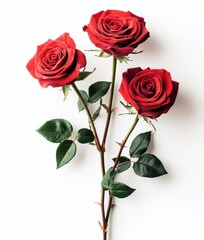 Elegant Arrangement of Three Vibrant Red Roses on a White Background with Green Leaves Perfect for Celebrating Love and Affection