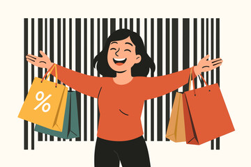 Joyful Shopping Experience Vector Illustration: Diverse happy customers carrying bags walk past vibrant storefronts in a bustling city scene, perfect for retail promotions and sales ads.