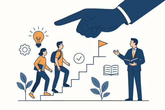 Business mentorship and career guidance concept. Leader points the path to success as young employees or students climb stairs, representing development, learning, and achieving goals.