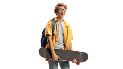 Happy teenager student with backpack holding skateboard boy fun male cool on transparent background